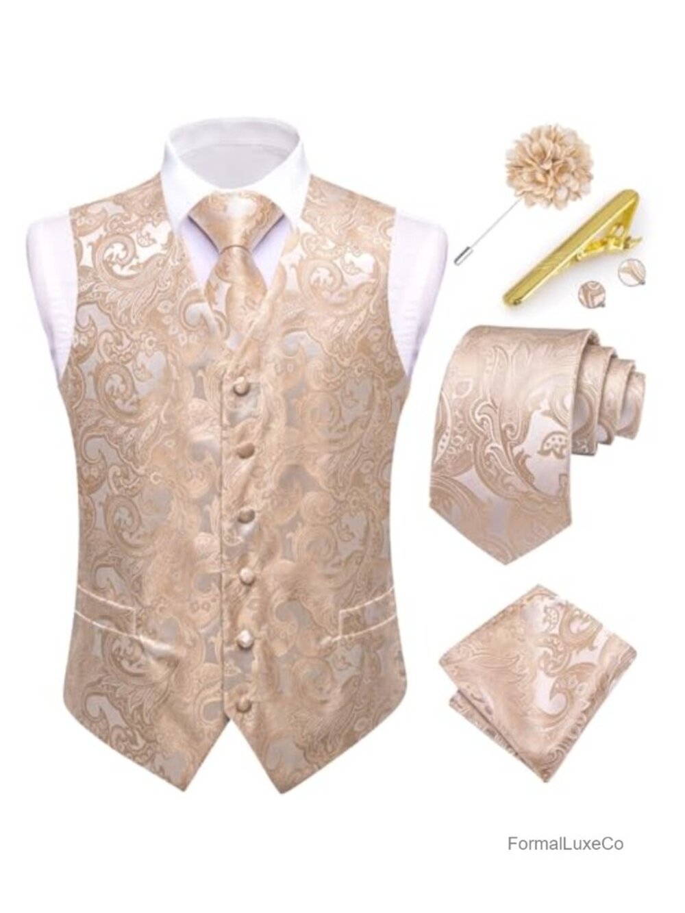 Men's Paisley Vest and Tie Set 6-Piece Formal Waistcoat with Accessories